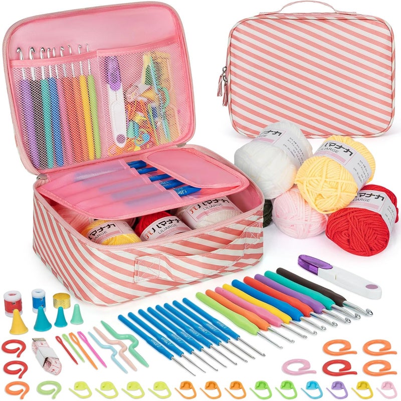 GMAK Crochet Kit for Beginners Adults, 59 PCS Crocheting Sets Include Yarn, Hooks and Tools, Portable Crochet Starter Kit for Making Variety Projects Crocheting Supplies, Pink Stripe - Image 1